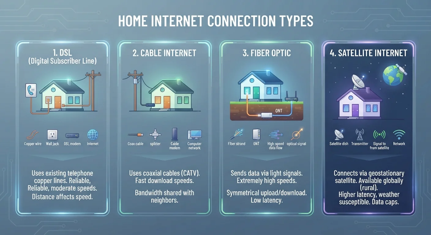 DSL, Cable, Fiber, and Satellite: What Actually Differs Between Them
